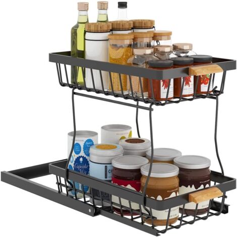 Organizador bajo el fregadero, estante de almacenamiento apilable de 2 niveles con cajones deslizantes, para cocina, baño, oficina, negro. (1/5)