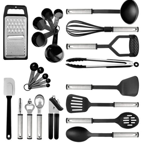 Juego de utensilios de cocina de acero inoxidable de 24 piezas, antiadherente y resistente al calor, que incluye ollas, sartenes, accesorios y utensilios de cocina (negro). (1/5)