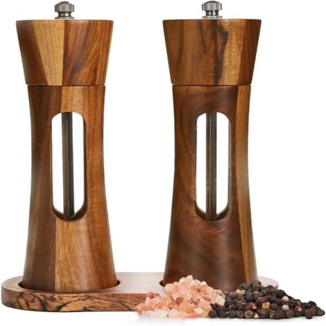 Juego de molinillos de sal y pimienta de madera con bandeja, molinillos manuales de 20 cm con molienda ajustable, molinillos de sal y pimienta