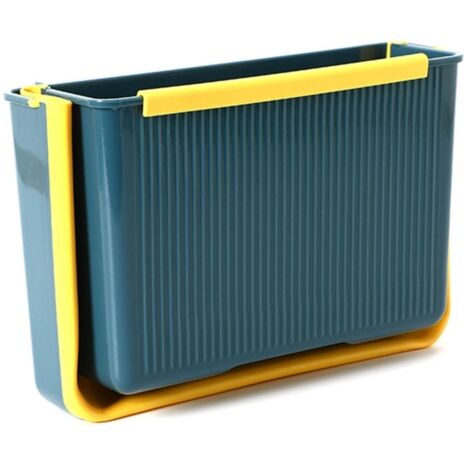 Papelera plegable azul de gran capacidad para montaje en pared: ahorra espacio y se pliega cuando no se usa.