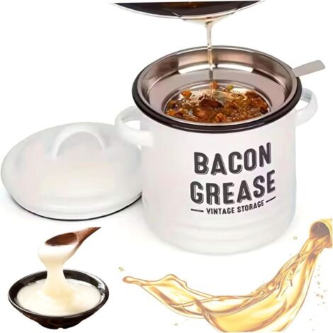 Recipiente de almacenamiento de aceite de cocina de esmalte blanco con filtro (con tapa y espátula), recipiente para almacenar aceite (1/5)