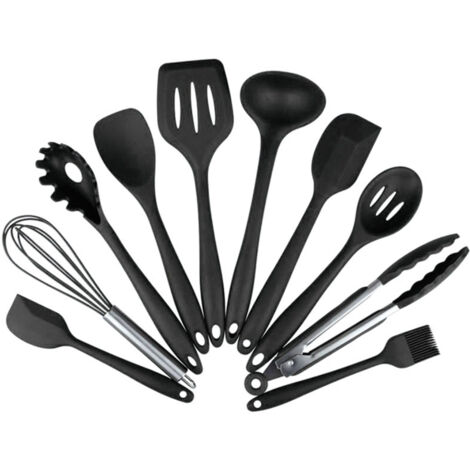 Juego de 10 utensilios de cocina de silicona con mangos de acero inoxidable, que incluye accesorios de chef antiadherentes. (1/5)