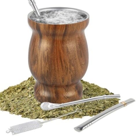 Juego de té de yerba mate en una calabaza (24 cl) con tapa aislante de doble pared y cuchara mezcladora limpia (aspecto de madera). (1/5)