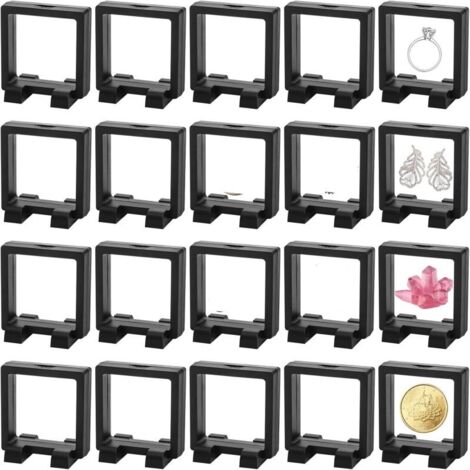20 marcos de exhibición flotantes 3D, portamonedas negros de 2,2 pulgadas con bases, tapas flotantes para joyas, conchas de vidrio, fósiles, piedras preciosas y perlas. (1/5)