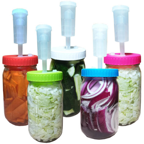 Tapas de fermentación para tarros Mason, cierres herméticos, kit de fermentación de plástico para tarros Mason de boca ancha, ideal para chucrut y salsa picante (roja). (1/5)