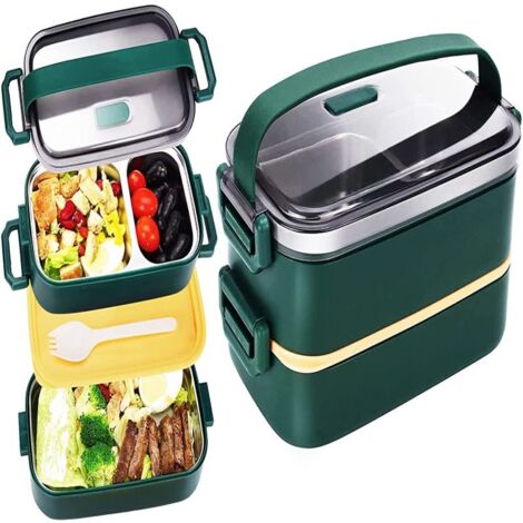 Fiambrera bento de acero inoxidable para adultos y niños, fiambrera japonesa a prueba de fugas con compartimentos, apilable de 2 niveles, ideal para el colegio y picnics (verde).