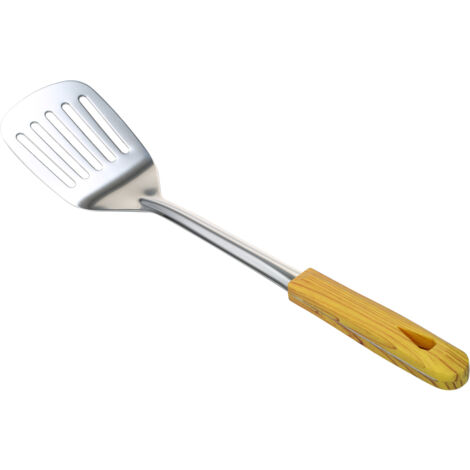 Espátula perforada de acero inoxidable con mango de madera: ideal para escurrir alimentos fritos y pasta.