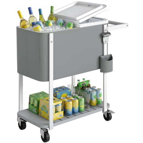 Nevera portátil con capacidad de 56 litros, carrito de servicio con ruedas, abridor de botellas, estante inferior, asa - carrito móvil para bebidas, color gris. (1/5)