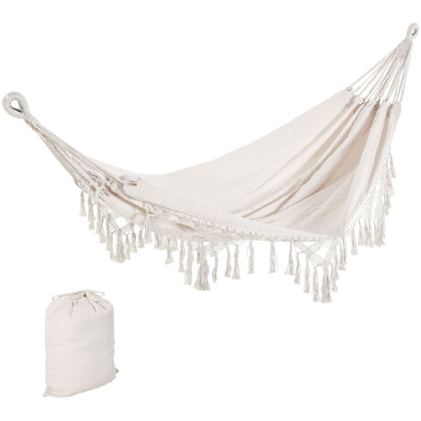 Hamaca colgante de jardín estilo bohemio en lona con flecos, 288 x 150 cm, capacidad de 120 kg, color crema.