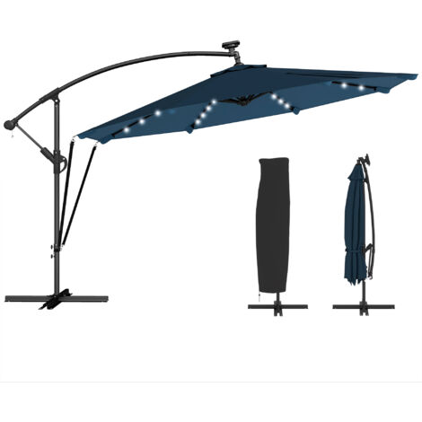 Sombrilla solar LED excéntrica, Ø345 cm, sombrilla de jardín de aluminio con base en cruz, manivela, cubierta azul.