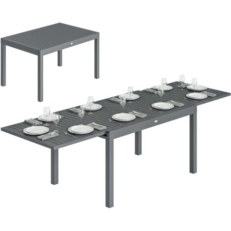 Mesa de comedor exterior extensible de 135/270 cm para 6-10 personas, de aluminio con tablero de listones gris oscuro. (1/5)