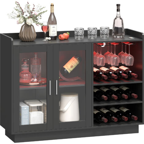Mueble bar negro con luces LED RGB y botellero para 12 botellas, aparador para comedor y sala de estar.