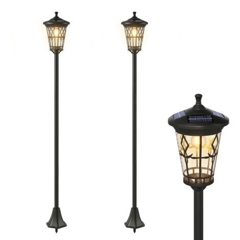 Juego de 2 faroles solares de jardín con altura ajustable, 2 modos de brillo, resistentes al agua IP44 para terraza o patio, color negro.