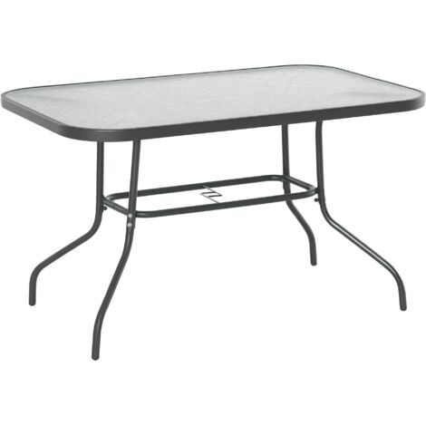 Mesa de jardín de metal y cristal con orificio para sombrilla, 120x80x70cm.