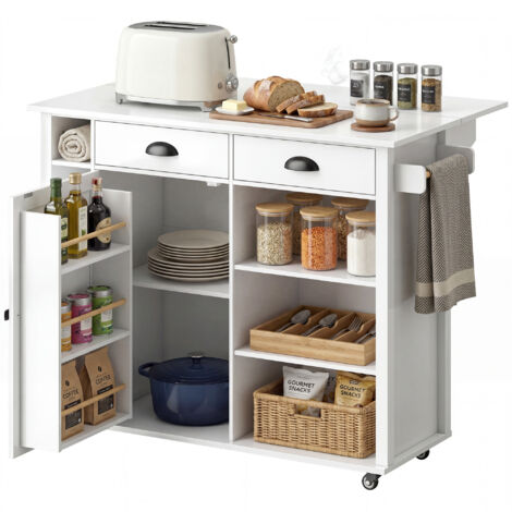 Isla de cocina con ruedas, tablero abatible, especiero, toallero, armario con 2 cajones, 117,5 x 70 x 91 cm, blanca. (1/5)