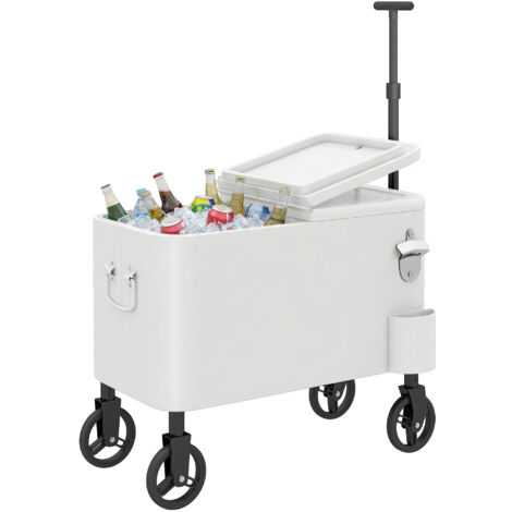 Carrito refrigerador de 56 litros con ruedas, asa ajustable, abridor de botellas, recogedor de tapas, desagüe y correa de transporte, 75 x 35 x 120 cm, blanco (1/5)