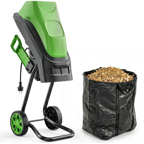 Trituradora eléctrica de ramas de 2500 W con 2 cuchillas reversibles para ramas de hasta Ø44 mm, bolsa de 45 L, ruedas verdes.