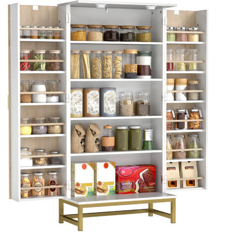 Armario despensa de cocina moderno de color blanco con 2 puertas y 12 estantes, incluyendo 5 estantes ajustables.