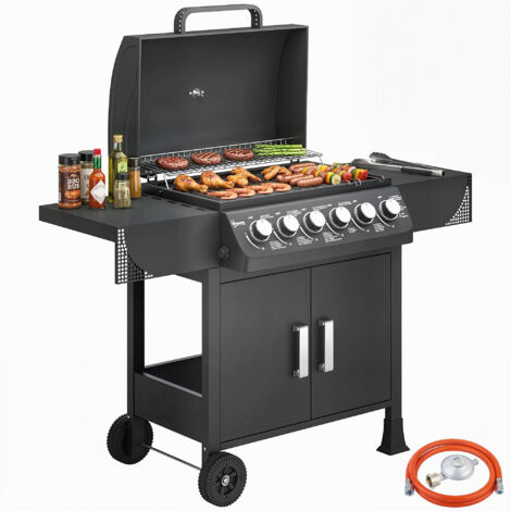 Parrilla de gas con 6 quemadores, 15 kW, termómetro, mesas laterales, armario y ruedas. Medidas: 135 x 51 x 101 cm. Color negro. (1/5)