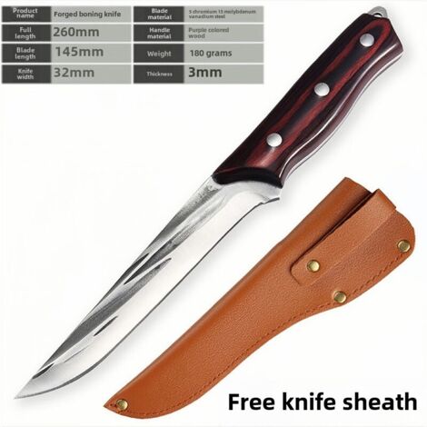 Cuchillo forjado de acero 5Cr, hoja ancha de 14,5-17 cm, mango de madera púrpura, funda de cuero incluida, personalizable con logotipo, para despiezar cerdo y cordero. (1/5)