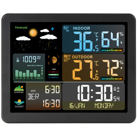 Estación meteorológica inteligente FJ3566M con reloj, termómetro e higrómetro para interiores y exteriores, gran pantalla multifuncional a color y 1 sensor (hasta 3 sensores).