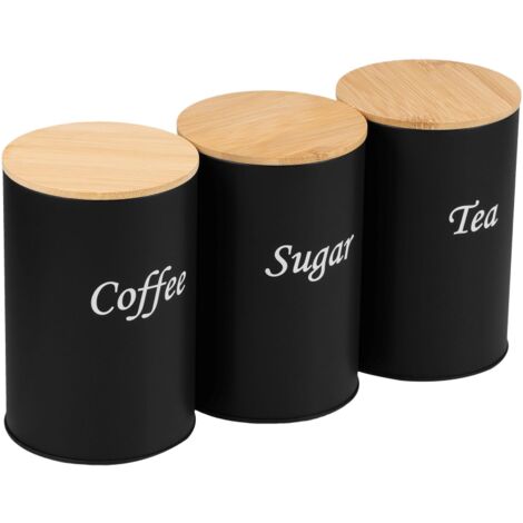 Juego de 3 tarros de almacenamiento para café, té y azúcar, 1000 ml, tapa de bambú a prueba de fugas, metal negro, tamaño 14,3 x 8,5 cm, etiquetas incluidas