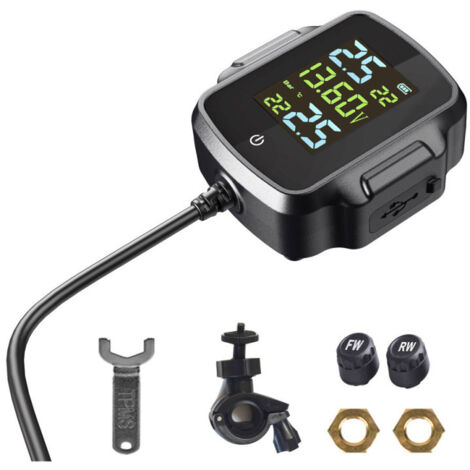 Detector de presión de neumáticos para motocicleta, sistema de monitorización de la presión de los neumáticos (TPMS) con 2 sensores externos impermeables y salida USB. (1/5)