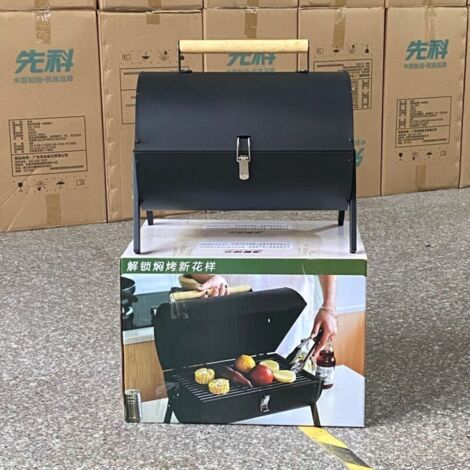 Barbecue à charbon de bois, fumoir, barbecue cylindrique portable et pliable pour camping, poignée en acier inoxydable, grille de barbecue, noir (1/4)