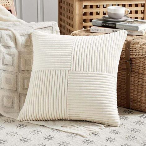 Housses de coussin en velours côtelé blanc crème ultra doux 45 x 45 cm, motif patchwork à rayures, lot de 2 (1/4)