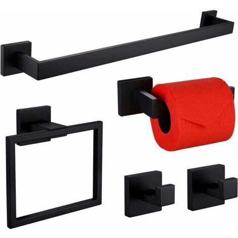 Ensemble d'accessoires de salle de bain 5 pièces Noir mat 60 cm Barre porte-serviette simple et 2 crochets à serviette Fixation murale, acier inoxydable SUS 304 (1/5)