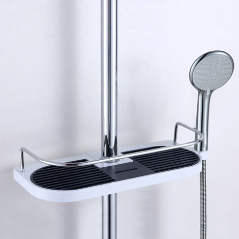Etagère Douche Télescopique Poteau Réglable Alliage d'aluminium avec 2 Crochets, Serviettes Sans Perçage Rangement Etagere Salle de Bain Douche, Support Porte Savon Douche Shampooing, 19-25mm (1/5)