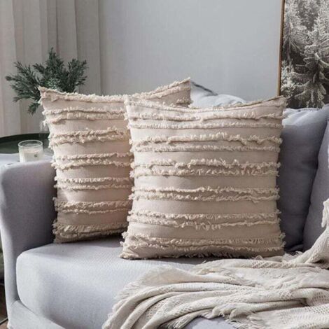 Lot de 2 Housses de Coussins Mélangés Decoration Taie d'oreiller effrangée Protecteurs de Coussin Lin Decor Classic pour Canapé Maison Chambre Salon 45 45 CM Beige (1/4)