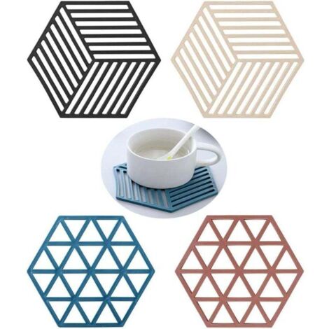 tapis isolant,4 Pièces Dessous De Plat Silicon,Antidérapant Hexagonal sous Plat,Dessous De Verre Résistant à La Chaleur, Antidérapant, Résistant à La Chaleur, Pliable (1/4)