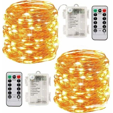 2 x10m Guirlande LED Lumineuse à Pile 100 LEDs Fonction Minuterie avec Télécommande IP65 Etanche Décoration intérieur et extérieur pour Noël Mariage Soirée Maison Jardin (Jaune) (1/5)