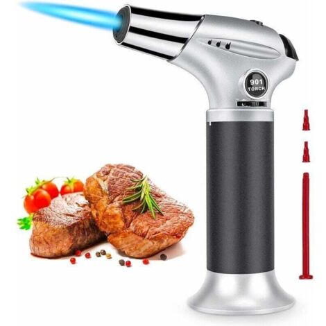 Chalumeau de Cuisine, Briquet Torche Réglable et Rechargeable avec Verrouillage Sécurité pour Crème Brûlée, Barbecue, Cuisson, Soudure, Gaz Butane Non Inclus (1/4)