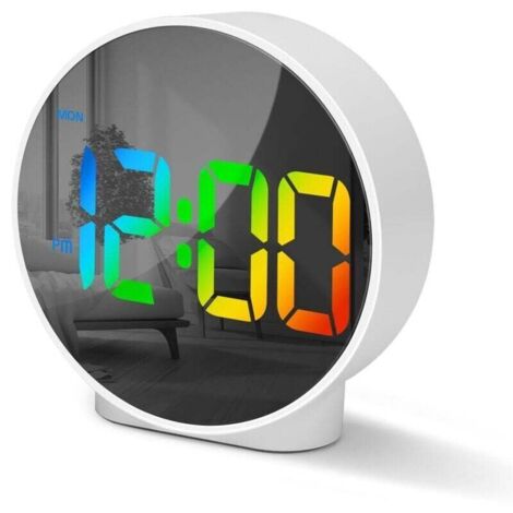Reveil Numerique avec LED Ecran Incurvé, Rond Digitale Reveil Matin Moderne avec 2 Alarme, Fonction Snooze, 12/24H, 4 Luminosité Réglable pour Chambre Bureau Salon, Chiffres Colorés (1/4)
