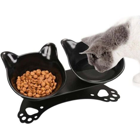 Gamelles pour Chats,Bols pour Chat, Inclinable à 15° Double Gamelle Chat Surélevée,Anti-Dérapant Cou de Protection Bols de Nourriture pour Animaux de Compagnie (Noir) (1/4)