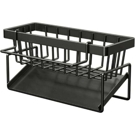 Organisateur d'Évier, Organiseur avec Bac de Vidange Amovible, Organisateur de Cuisine en Acier Inoxydable, Multifonctionnel 2 en 1 Porte Éponges pour (Noir) (1/4)