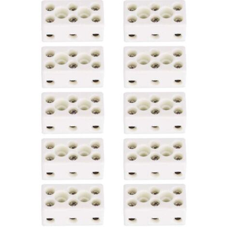 Lot de 10 borniers en céramique à 3 voies pour câble électrique, connecteurs en céramique porcelaine haute température 24 A, 3 positions 8 trous 33.53x17.85x15.50mm (1/4)