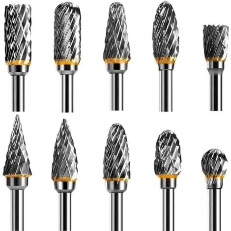 Jeu de Fraises Rotatives Acier Carbure de Tungstène Double Tranchant pour Outil rotatif, 10 pièces Tige 1/8” pour Outil Rotatif pour Bricolage, Sculpture sur bois, Polissage métaux, Gravure, (1/4)