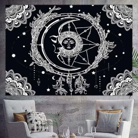 Soleil et Lune Tenture Murale Psychedelique Tapisserie, Drap Mural Mandala Wall Tapestry Aesthetic Tarot Psychedelic Tapis Mural Tissu Art Decoration pour Chambre Salon, 200x150 cm (Noir ) (1/4)