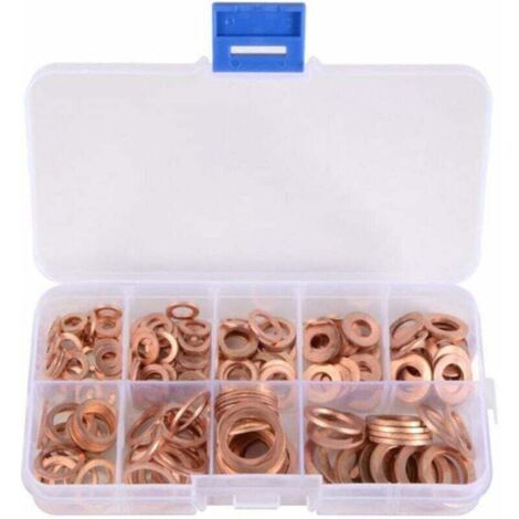 200pcs rondelles plates en cuivre en métal Kit d'assortiment de rondelles plates en métal Joints en cuivre plats Idéal pour les bouchons de vidange, l'eau, le carburant et les raccords hydrauliques (1/5)