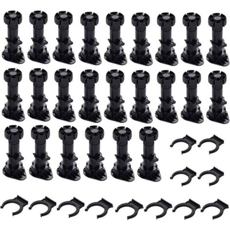 24 pieds Pieds D\'Armoire Plastique,Pied de Meuble,Pied Réglable pour Meuble,Noir Pieds de Meuble Plastique avec Clip Fixation Base pour Meubles de Cuisine,Armoire et Canapé (120mm-150mm) (1/4)