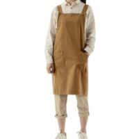 Tablier de jardinage Tablier japonais en coton et lin croisé pour femme avec poches, robe chasuble à la mode pour le jardinage, la peinture, le nettoyage, la cuisine - Jaune-02