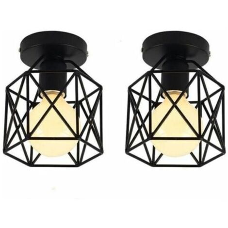 Lot de 2 Plafonnier Industrielle en Métal Cage Carré, Lustre Abat-jour Fer Luminaire E27 40W Noir pour Salon Chambre Bar (1/5)