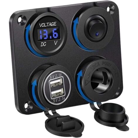 Panneau de chargeur de voiture avec double port USB 5 V/4,2 A, fente allume-cigare DC 12 V, bouton interrupteur et voltmètre LED étanche pour voiture/bateau/moto