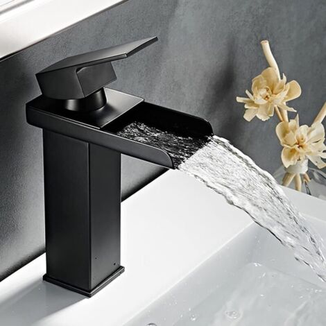 Robinet de salle de bain noir cascade robinet de salle de bain rectangulaire monotrou cartouche céramique chaud froid réglable mitigeur carré pour bassin bassin acier inoxydable mat (1/5)