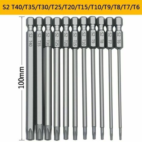 11 pièces 100mm S2 1/4 pouces tournevis Torx embouts hexagonaux de précision perceuse tournevis de sécurité magnétique T6-T40 tournevis Torx à tête longue (1/5)