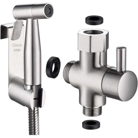 WS024F8 Ensemble de douchette de toilette en acier inoxydable Bidet de douche à main avec valve de toilette à 3 voies 3/8"-12/17 et tuyau de douche de 1,2 m Idéal pour les toilettes suspendues au mur (1/5)