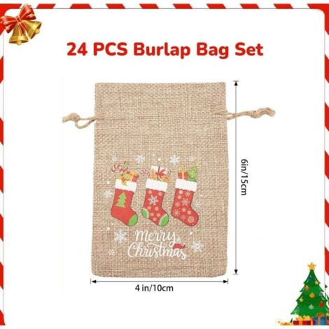24PCS Sac Calendrier de l'Aven,Sachets en Jute pour Calendrier de l'Avent à Remplir,10x15cm Pochettes Jute avec (1/4)